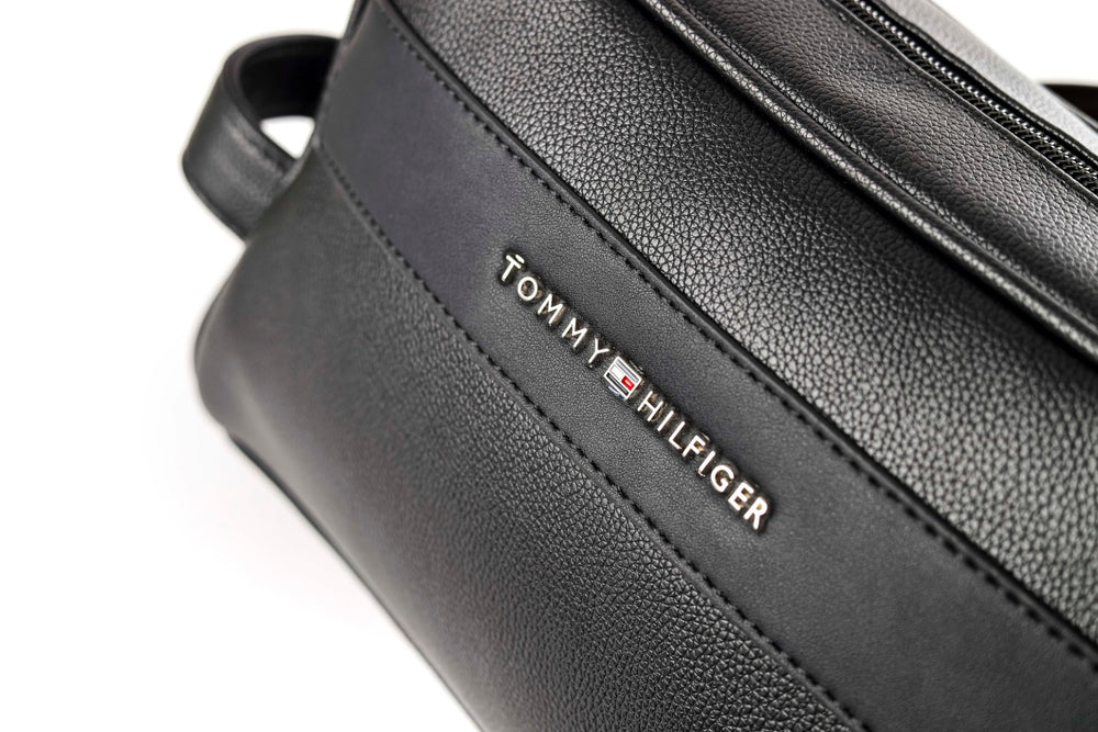 Tommy Hilfiger Polished Black Men’s Pouch With Corner Stripe #41