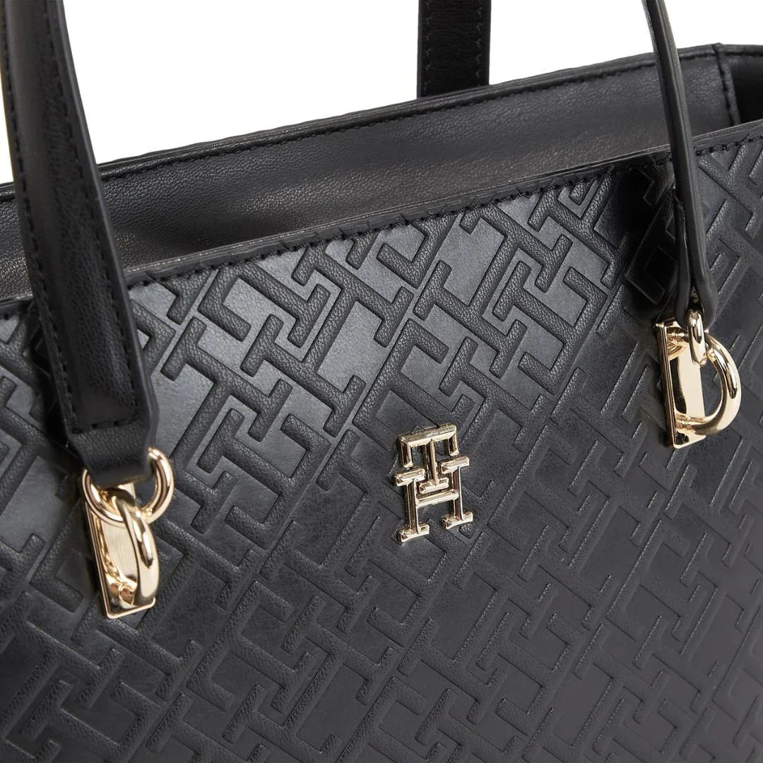 Tommy Hilfiger Embossed Monogram Tote Bag – Classic Black, Sophisticated Dual-Strap Design #01