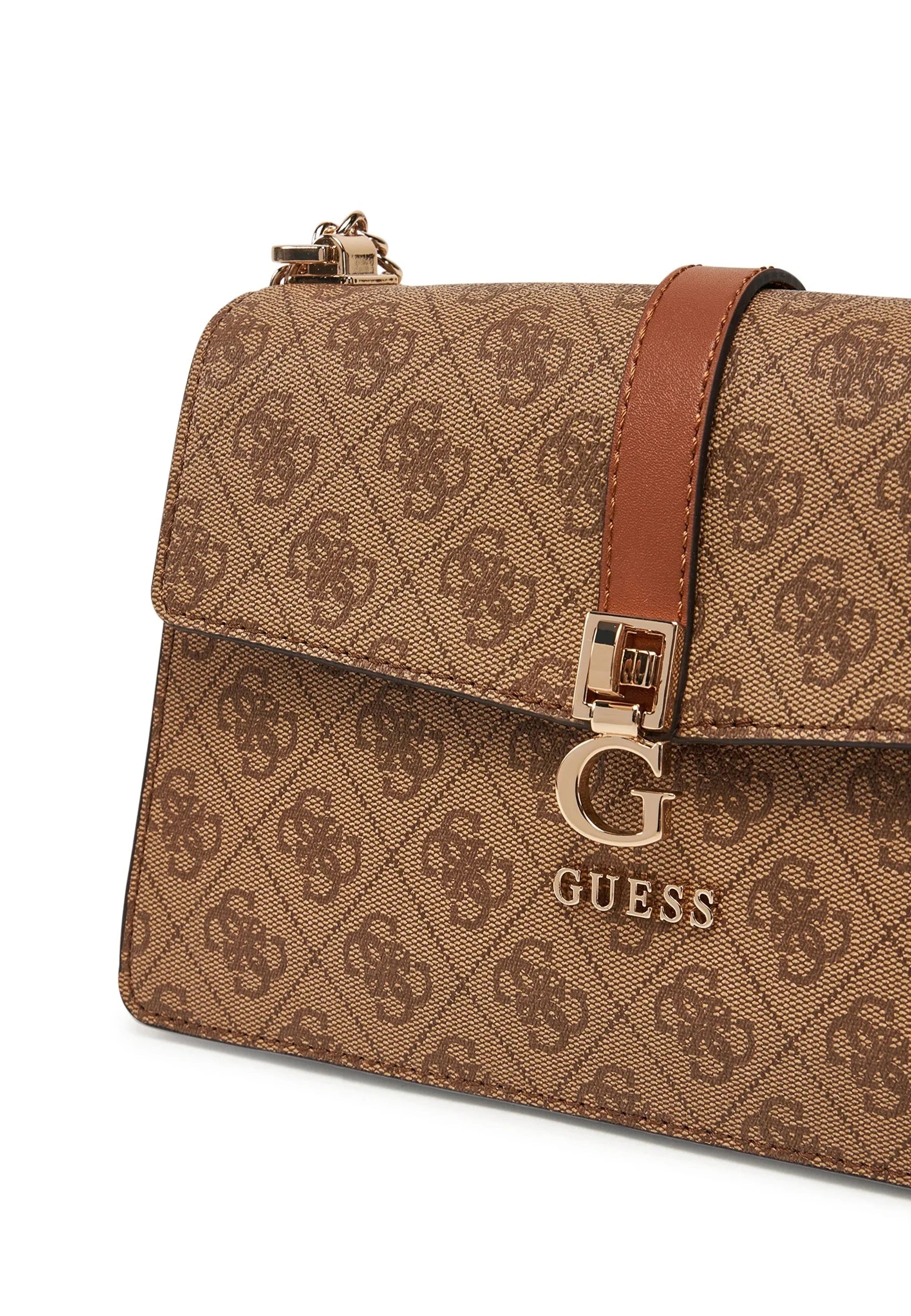 Guess Logo Print Crossbody Bag – Classic Brown Monogram, Elegant Gold-Tone Chain #5