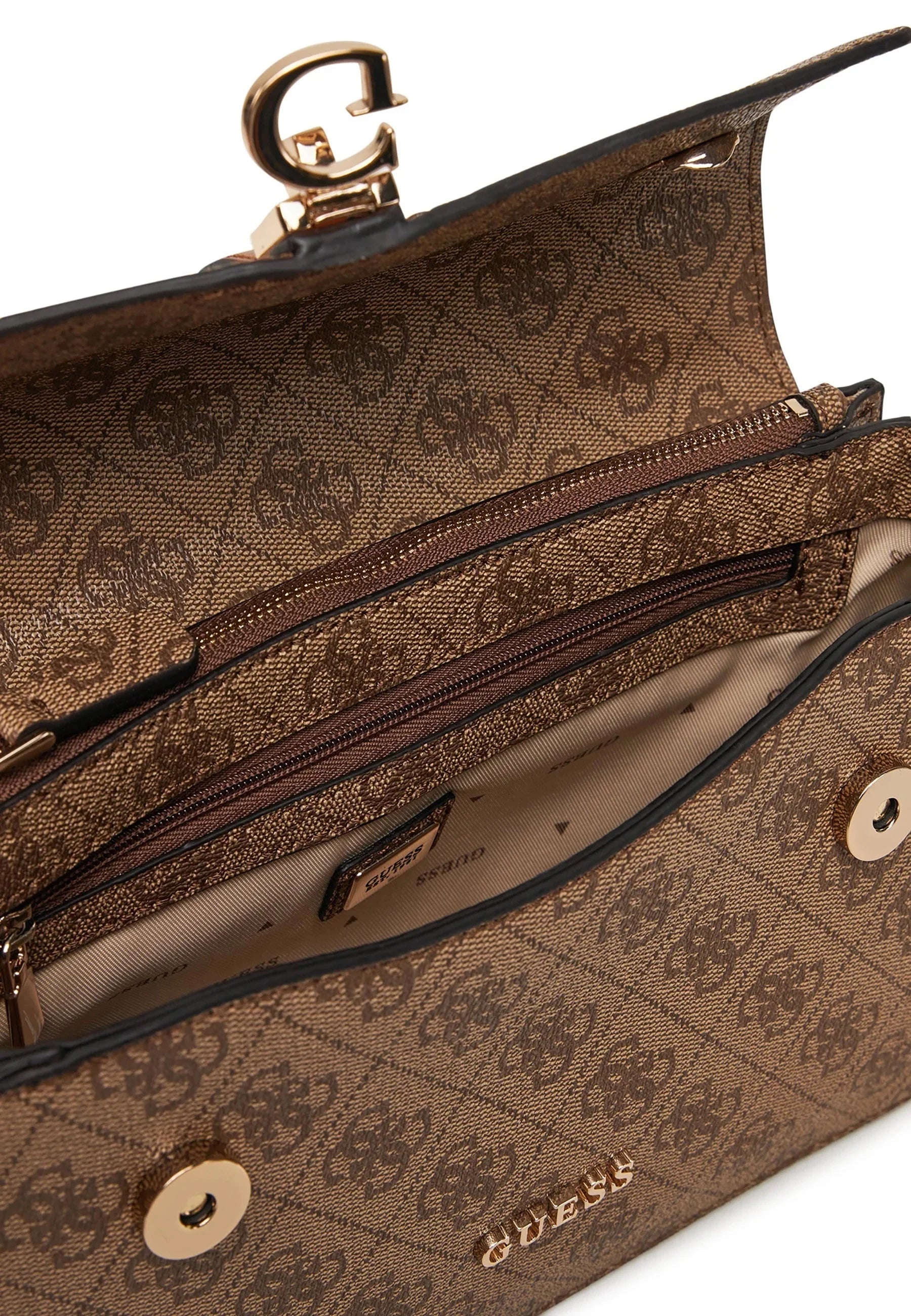 Guess Logo Print Crossbody Bag – Classic Brown Monogram, Elegant Gold-Tone Chain #5