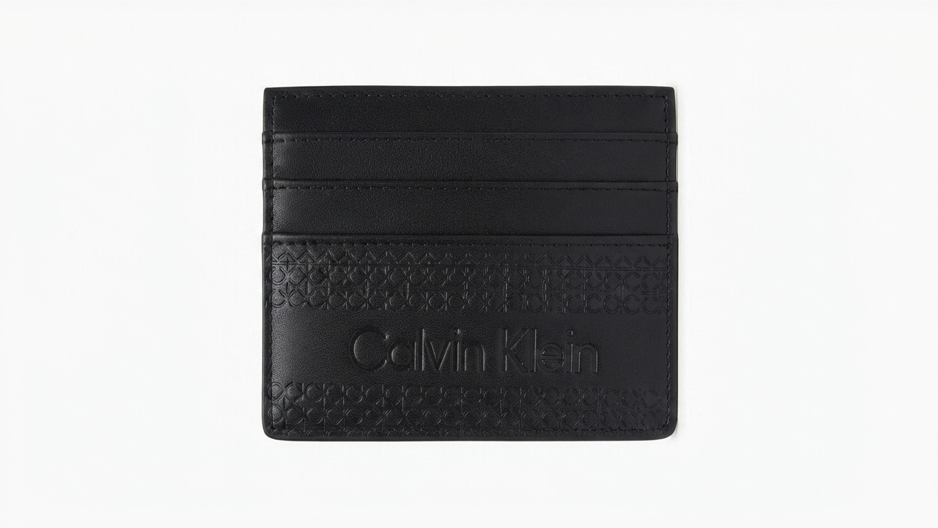 Calvin Klein Embossed Monogram Leather Card Holder - Black