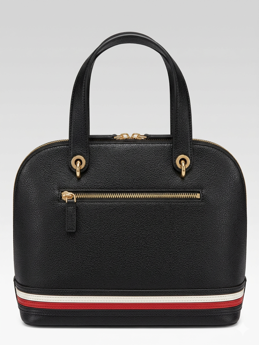 Tommy Hilfiger Signature Dome Satchel – Black Grained Leather, Heritage Stripe Base & Gold TH Monogram #1