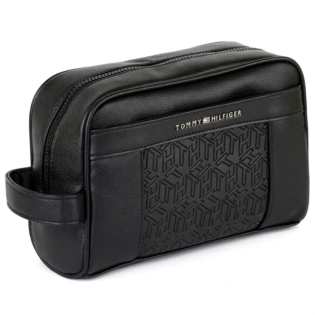 Tommy Hilfiger Polished Black Men’s Pouch With Monogram Pattern #42