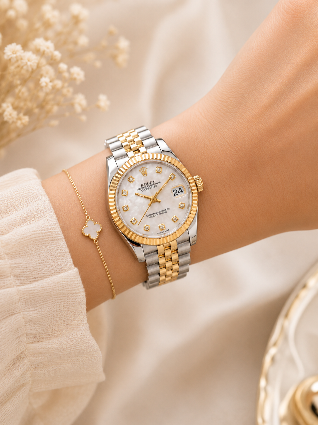Luxury Rolex Datejust  Elegant Two-Tone Gold & Silver Edition with White Mother of Pearl Diamond Dial Rolex-w.02