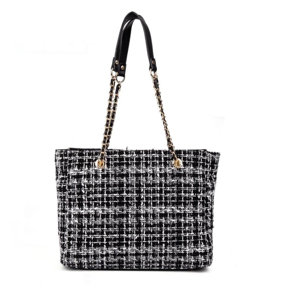 Guess Tweed Chain Tote Bag – Classic Black & White Plaid, Sophisticated Style #8
