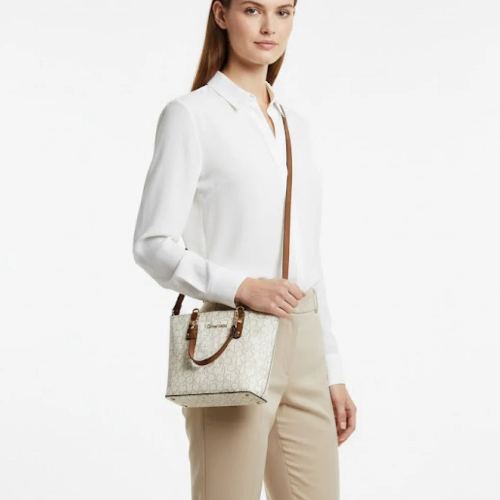 Calvin Klein Medium Tote Bag – White Monogram Logo Design, Chic Modern Aesthetic #1