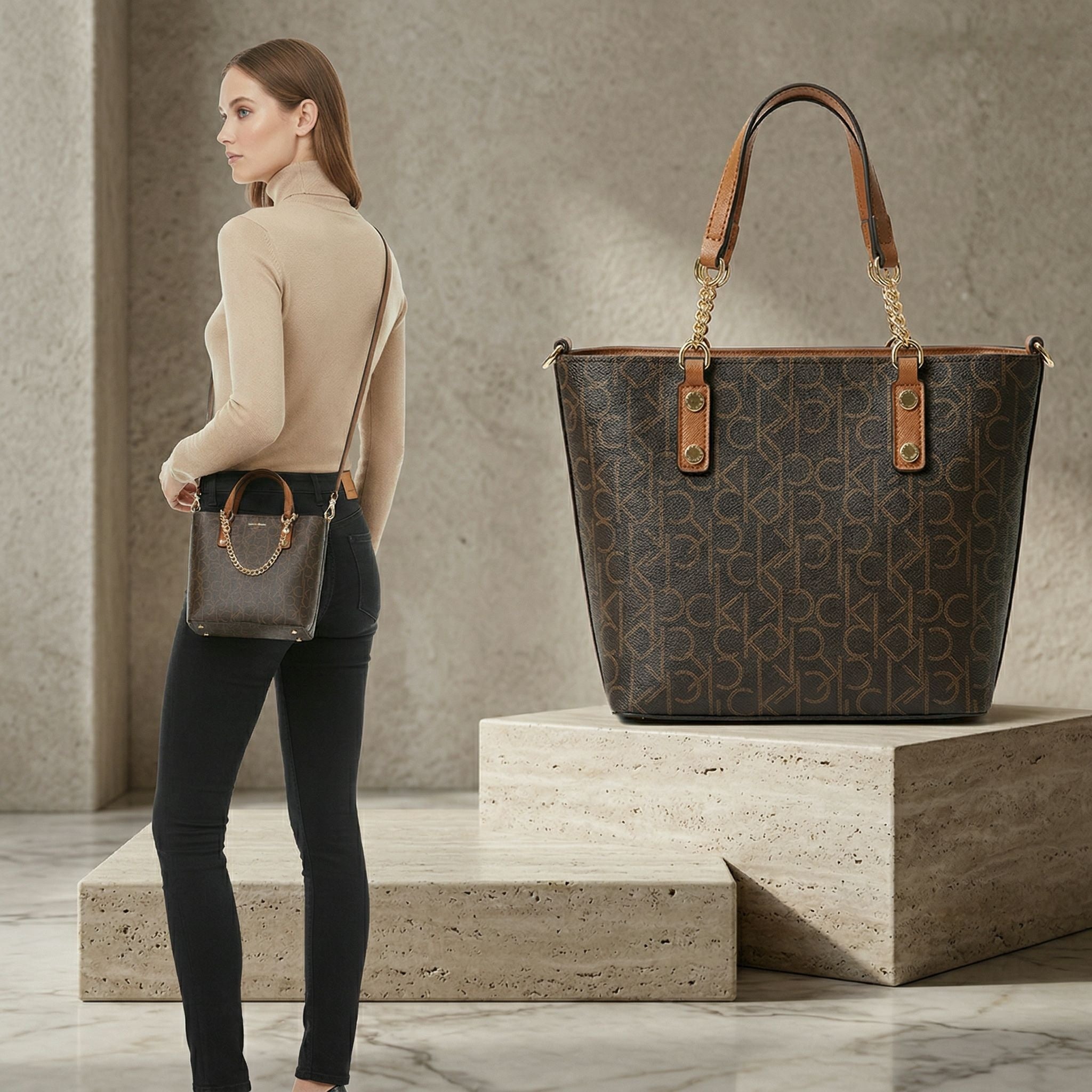 Calvin Klein Medium Tote Bag – Brown Monogram Logo Design, Timeless Classic Style #3