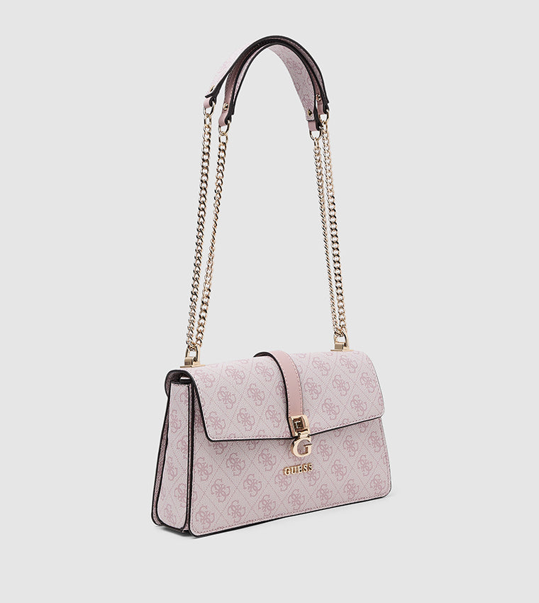 Guess Logo Print Crossbody Bag – Soft Pink Monogram, Elegant Gold-Tone Chain #4