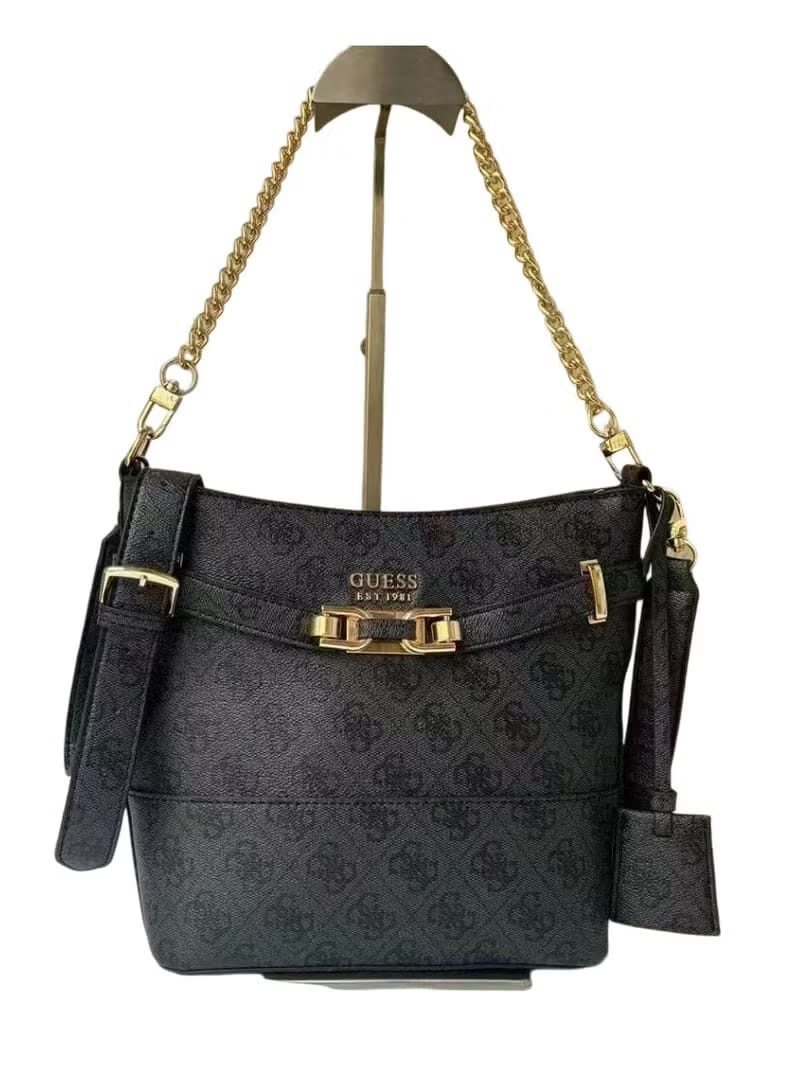 Guess Monogram Bucket Bag – Charcoal Logo Design, Gold-Tone Chain Handle #2