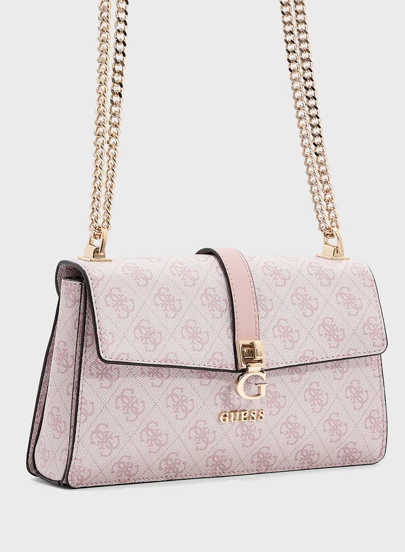 Guess Logo Print Crossbody Bag – Soft Pink Monogram, Elegant Gold-Tone Chain #4