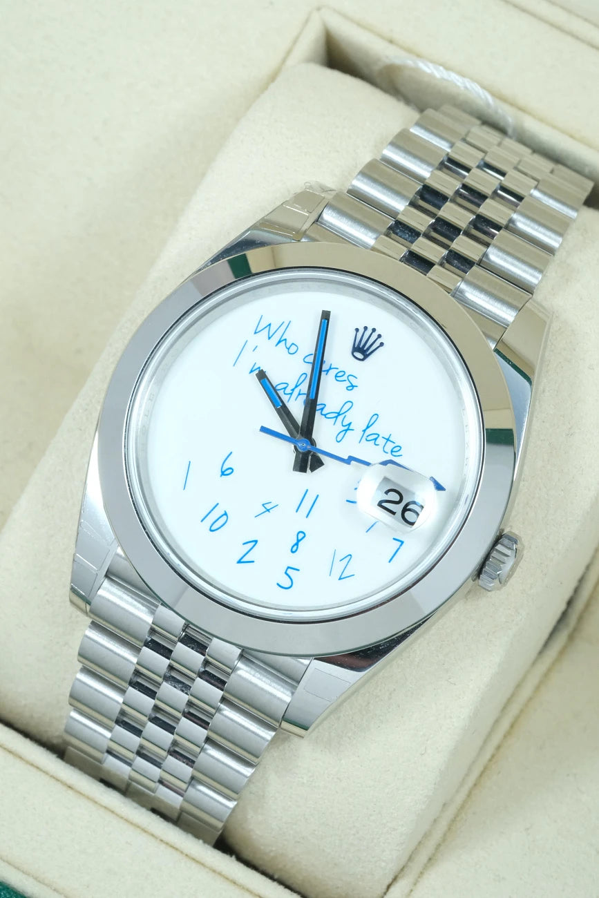 "Who Cares" Custom Dial Silver Watch – Royal Blue Details
