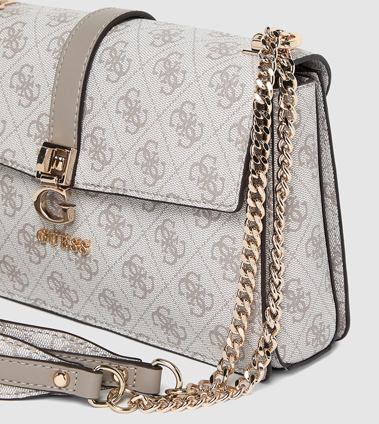 Guess Logo Print Flap Shoulder Bag – Stone & Grey #37