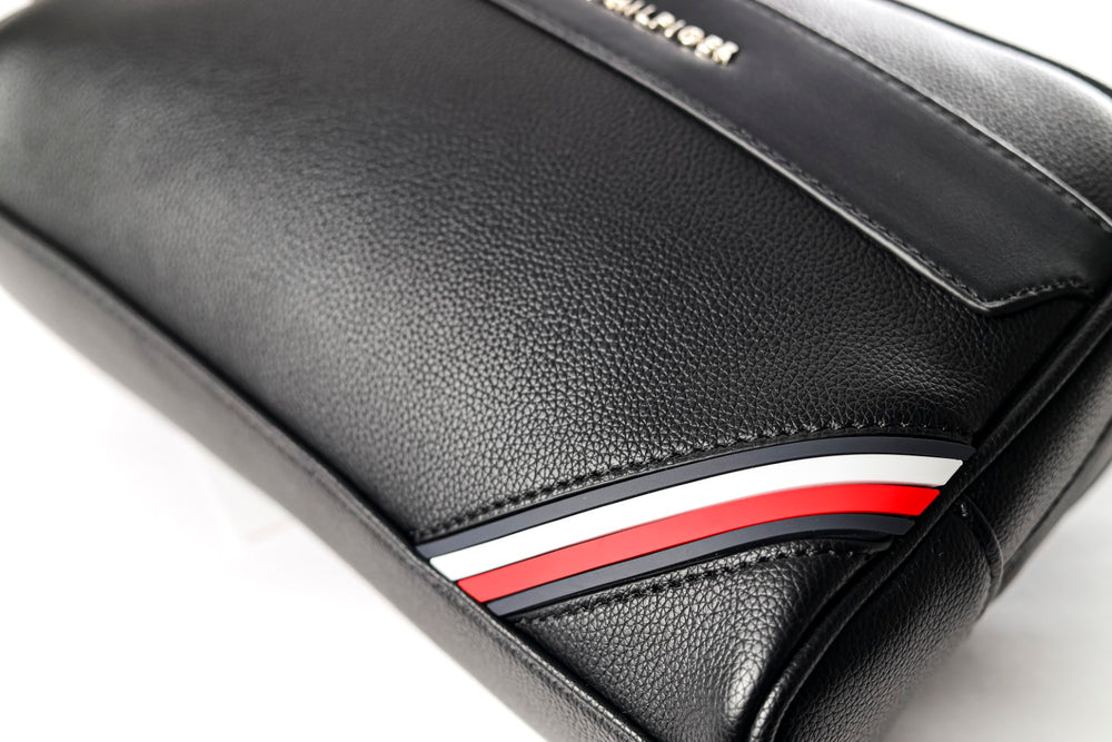 Tommy Hilfiger Polished Black Men’s Pouch With Corner Stripe #41