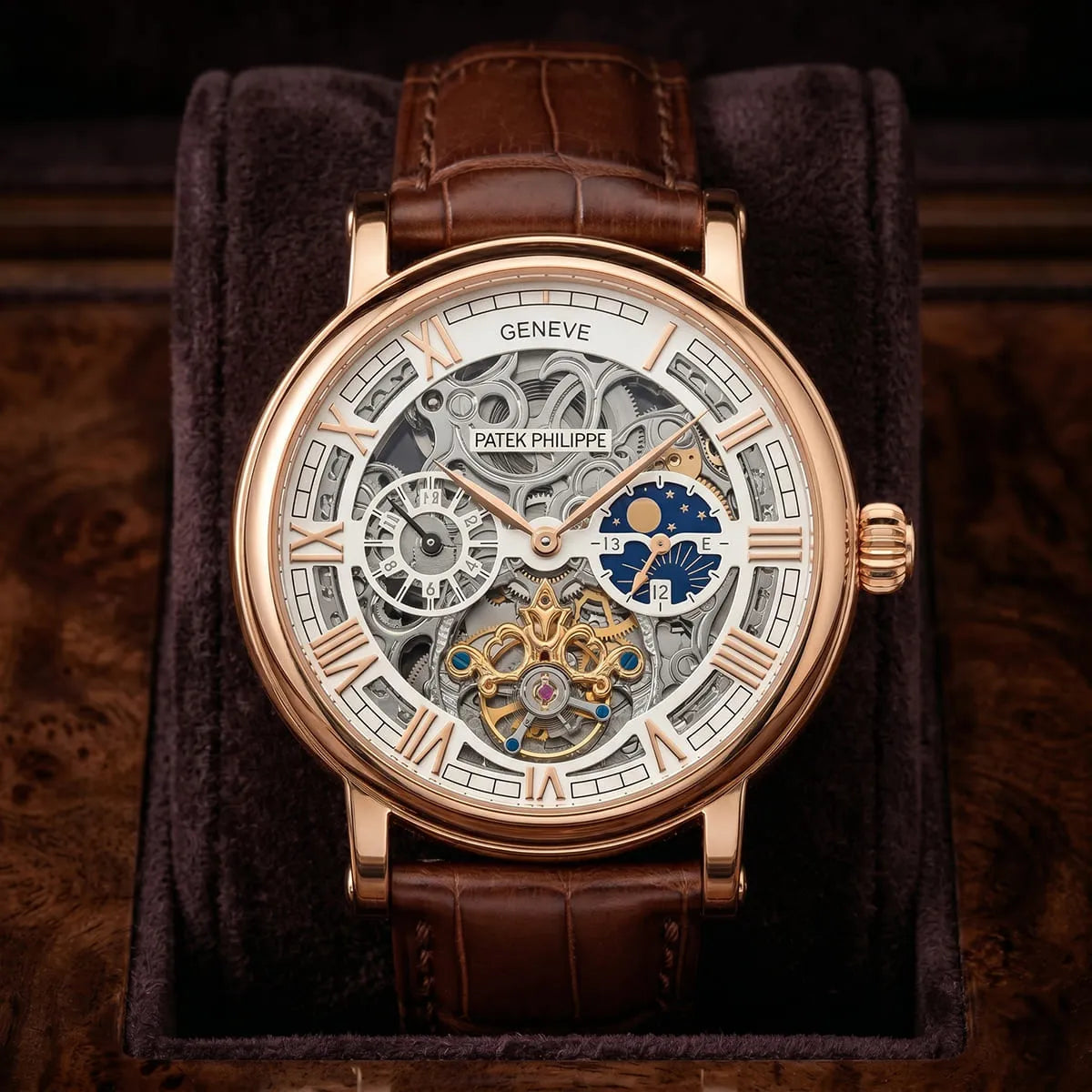 Patek Philippe Men’s Rose Gold-Tone Skeleton Moonphase Watch