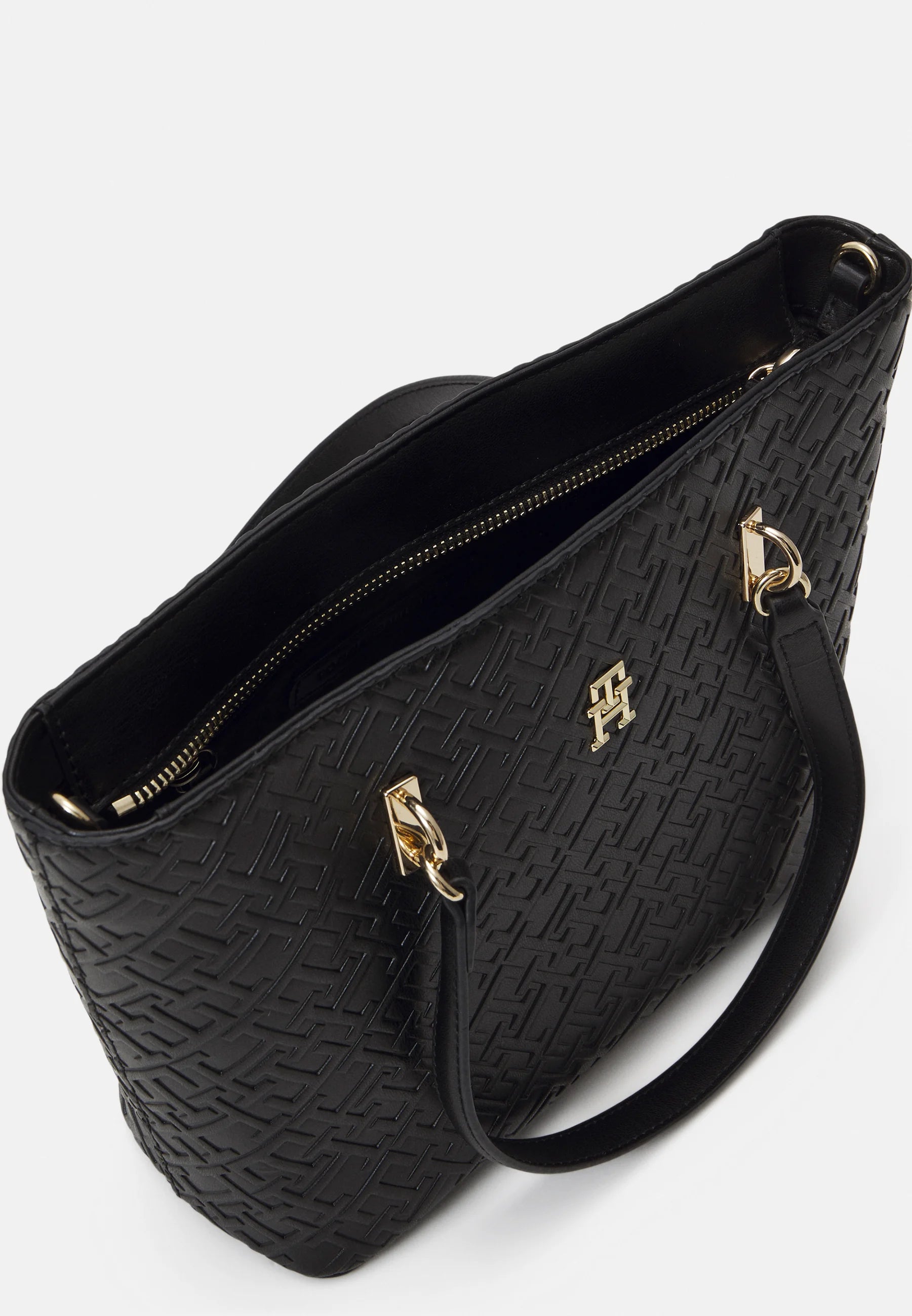 Tommy Hilfiger Embossed Monogram Tote Bag – Classic Black, Sophisticated Dual-Strap Design #01