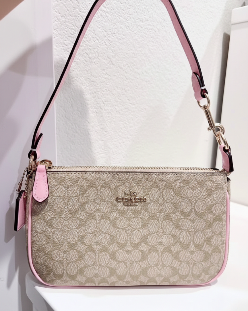 COACH Signature Canvas Small Shoulder Bag – Beige & Pink #28
