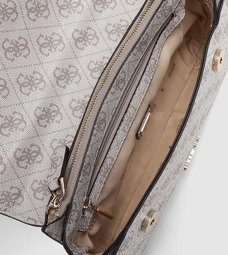 Guess Logo Print Flap Shoulder Bag – Stone & Grey #37