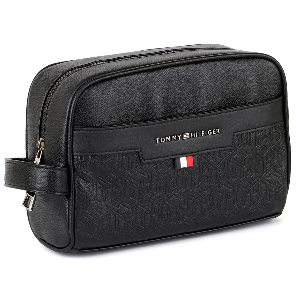 Tommy Hilfiger Polished Black Men’s Pouch With Embossed Flag Detail #43