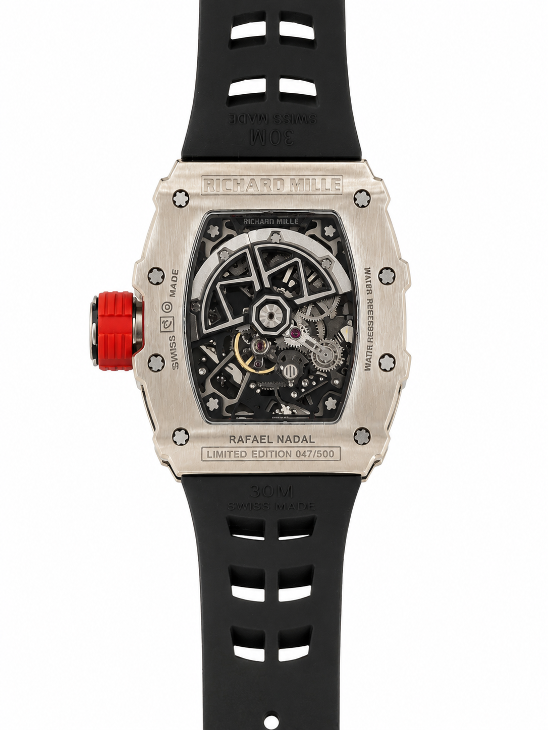 Richard Mille Luxury Silver Skeleton Sports Watch – Red Crown & Black Rubber Strap