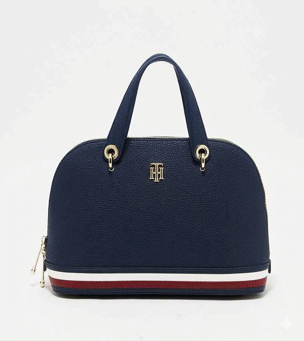 Tommy Hilfiger Signature Dome Satchel – Navy Blue Grained Leather, Heritage Stripe Base & Gold TH Monogram #2