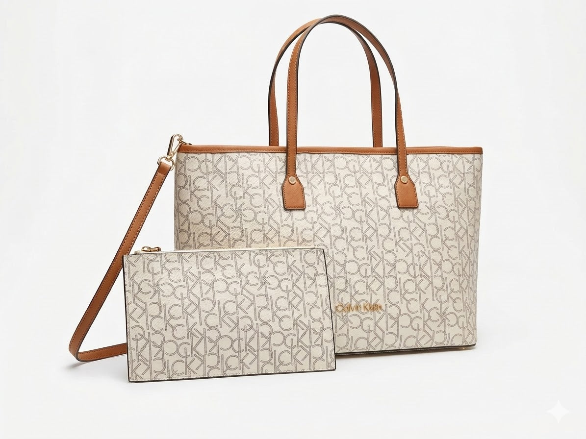 Calvin Klein Monogram Tote Set - Chic Beige & Cognac #22