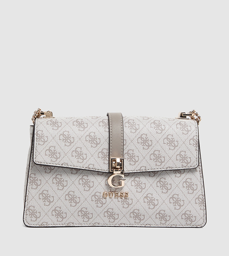 Guess Logo Print Flap Shoulder Bag – Stone & Grey #160