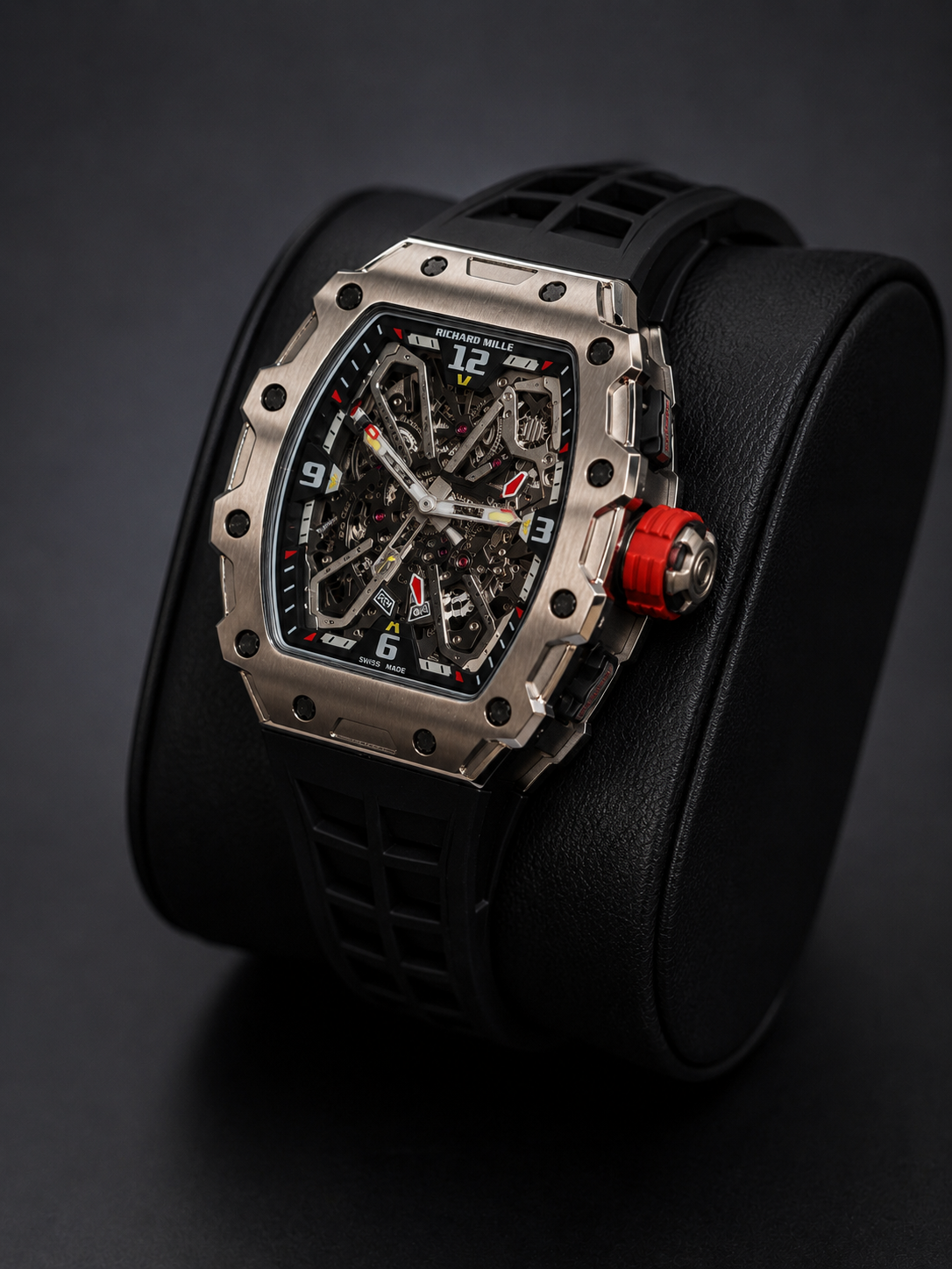 Richard Mille Luxury Silver Skeleton Sports Watch – Red Crown & Black Rubber Strap