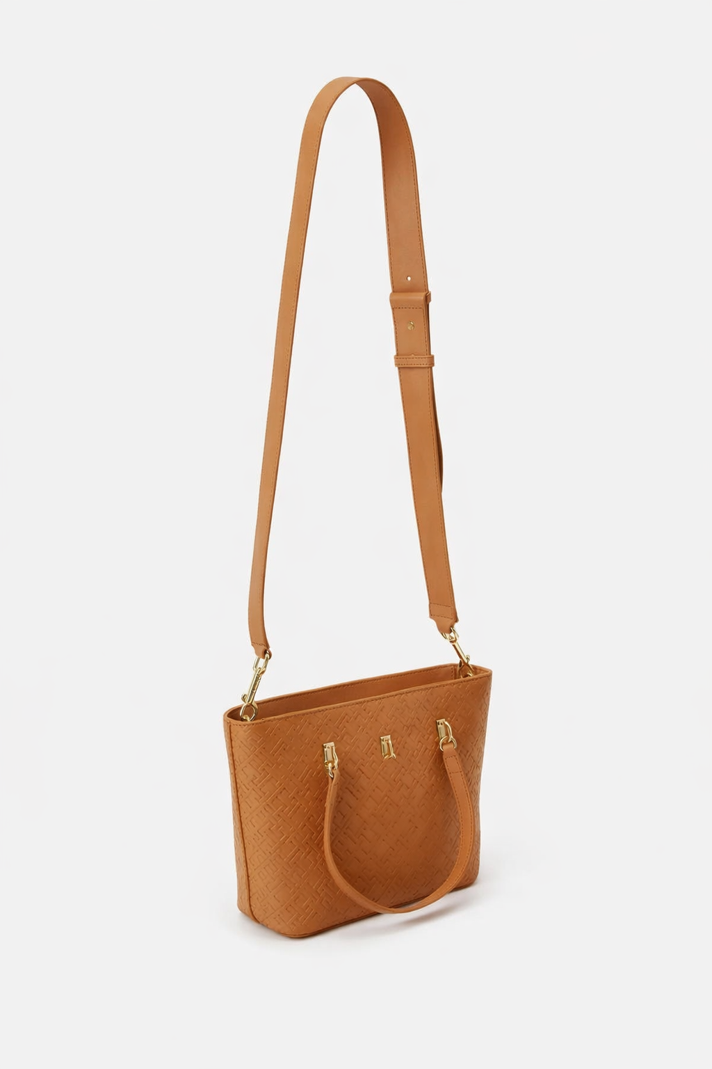 Tommy Hilfiger Embossed Monogram Tote Bag – Rich Tan Camel, Elegant Dual-Strap Design #10