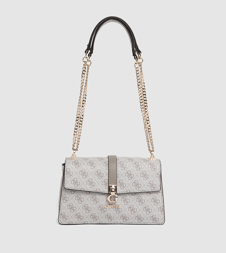 Guess Logo Print Flap Shoulder Bag – Stone & Grey #160