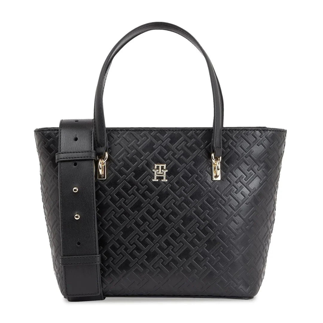 Tommy Hilfiger Embossed Monogram Tote Bag – Classic Black, Sophisticated Dual-Strap Design #01