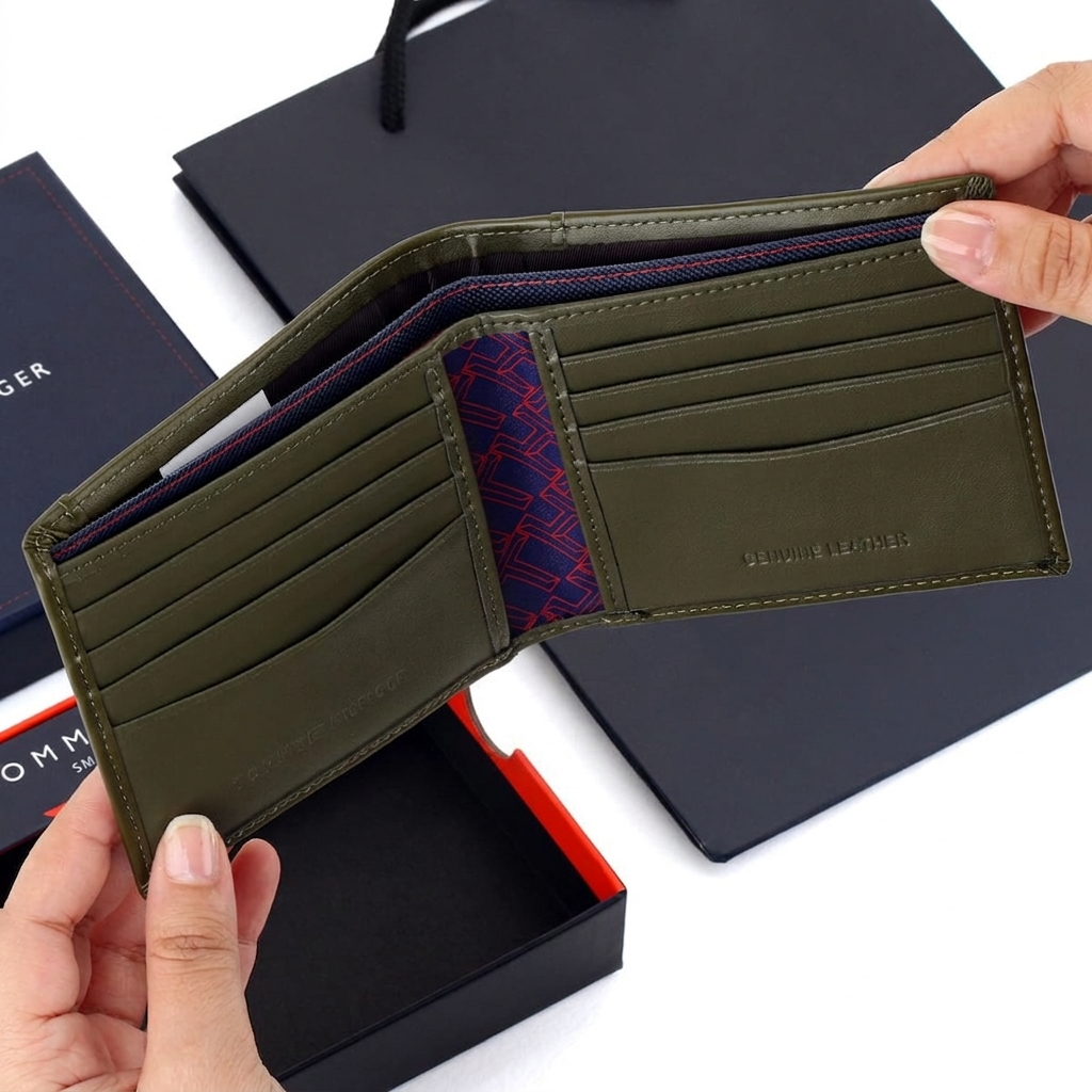Tommy Hilfiger Men's Leather Bi-fold Wallet - Olive Green #68
