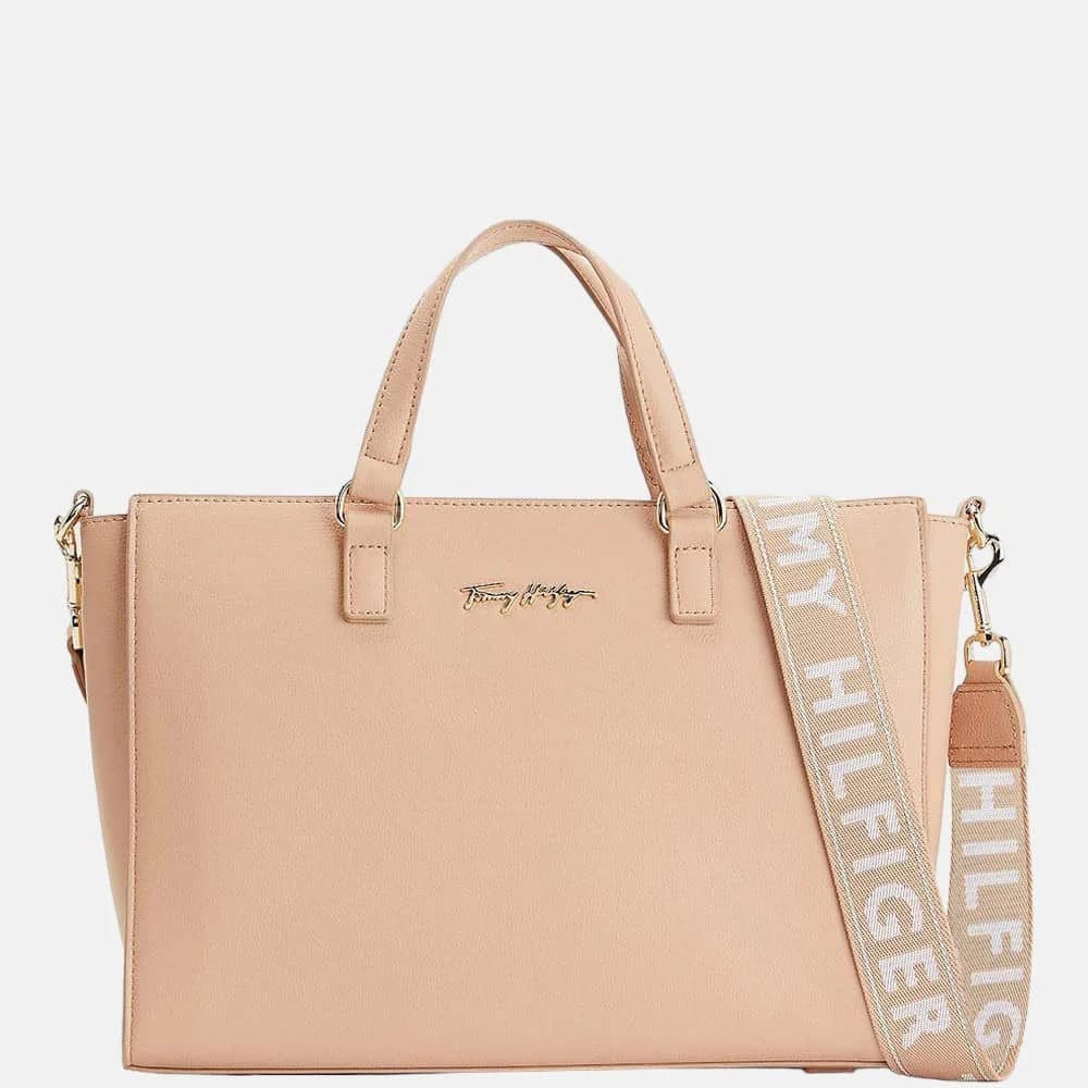 Tommy Hilfiger Elegant Nude Satchel Bag with Logo Webbing Strap #58
