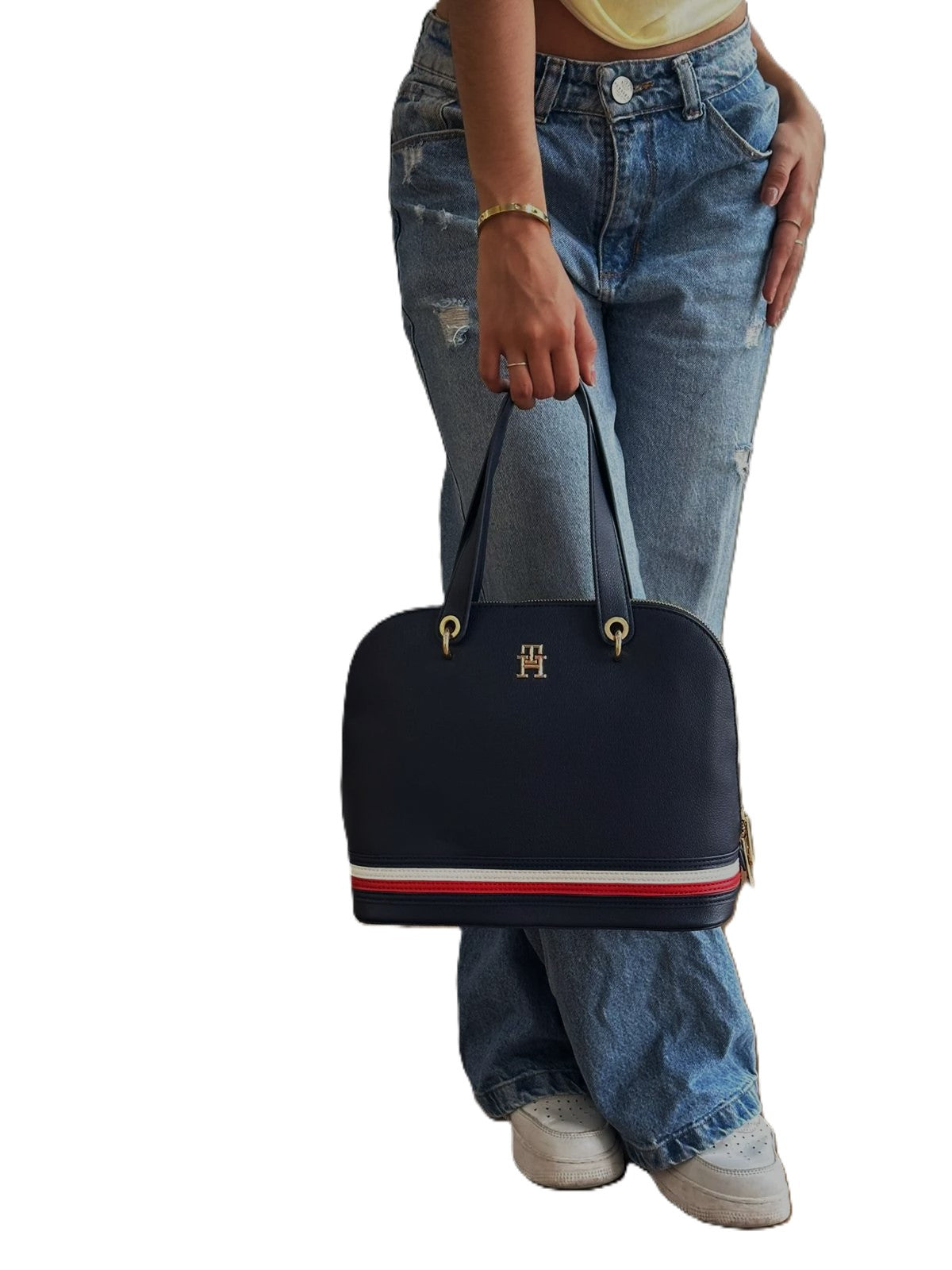 Tommy Hilfiger Signature Dome Satchel – Navy Blue Grained Leather, Heritage Stripe Base & Gold TH Monogram #2