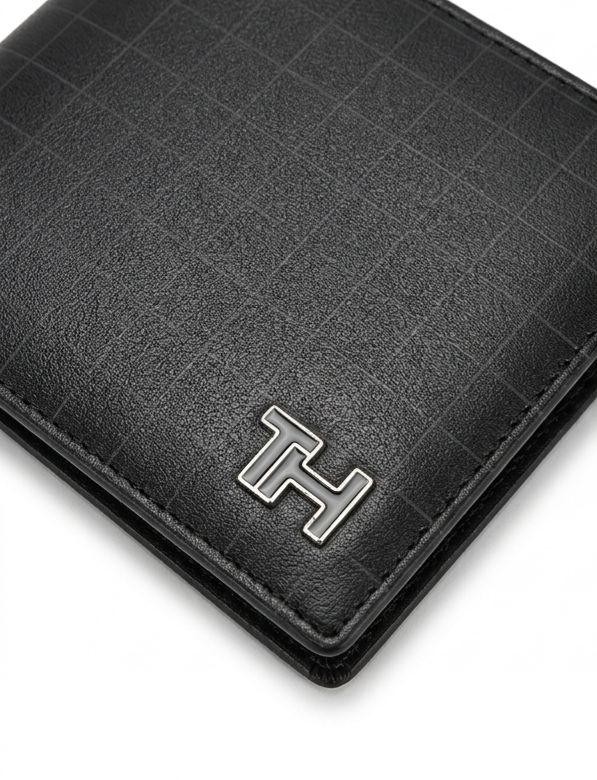 Tommy Hilfiger Men's Grid Textured Leather Wallet - Black #75