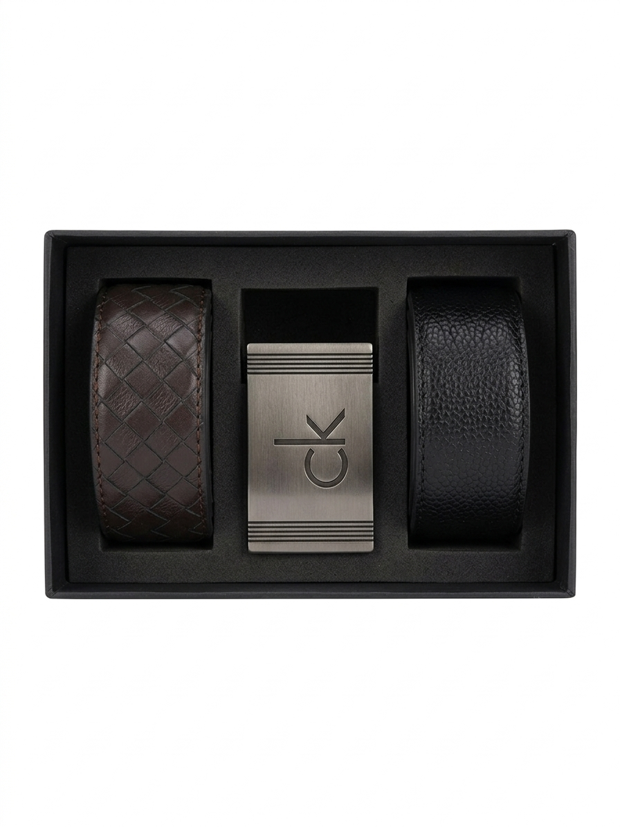 Calvin Klein Men’s 3-Piece Leather Belt Set: Interchangeable Buckle with Black & Brown Straps #15