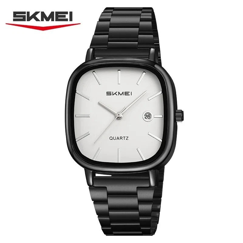 SKMEI 2551 Men's Quartz Watch – Black Stainless Steel, White Dial, Elegant Design