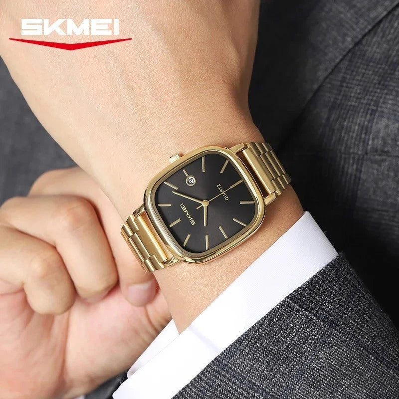 SKMEI 2551 Men's Quartz Watch – Gold Stainless Steel with Elegant Black Square Dial