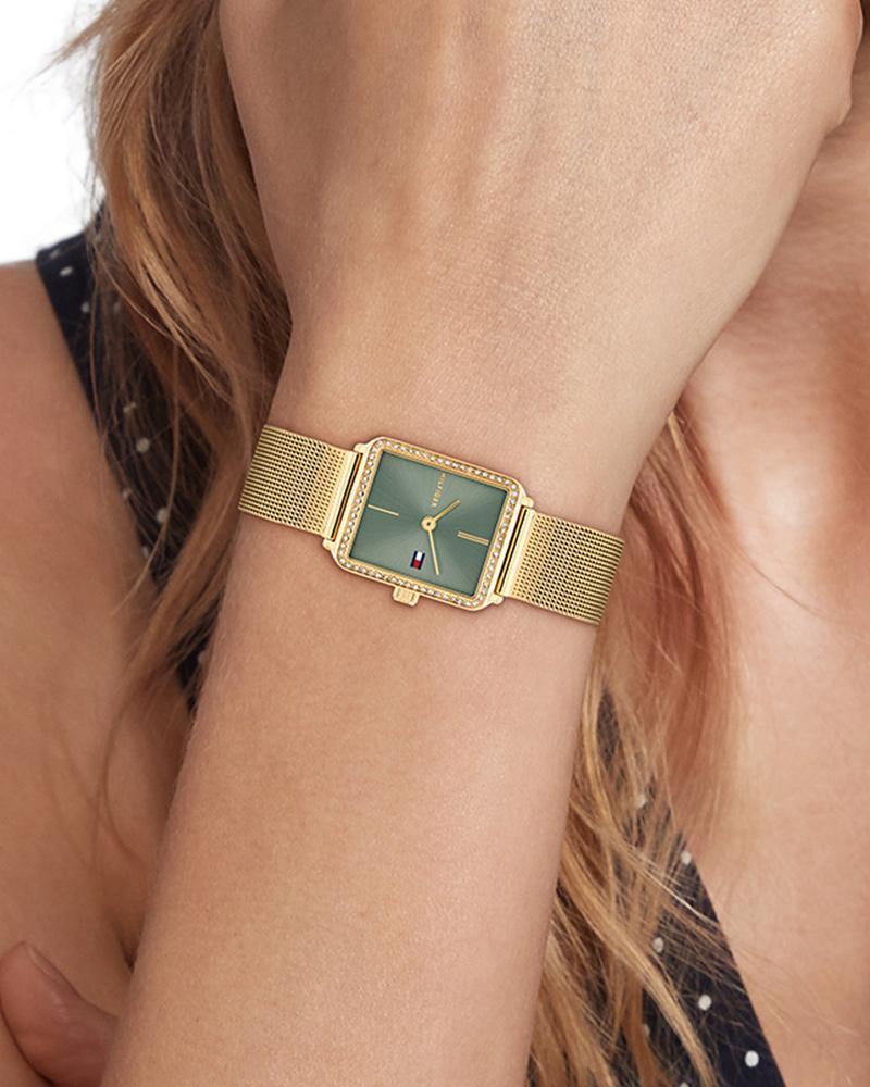 Tommy Hilfiger Women’s Gold Stainless Steel Mesh Watch – Green Dial, Crystal Accents (1782791)