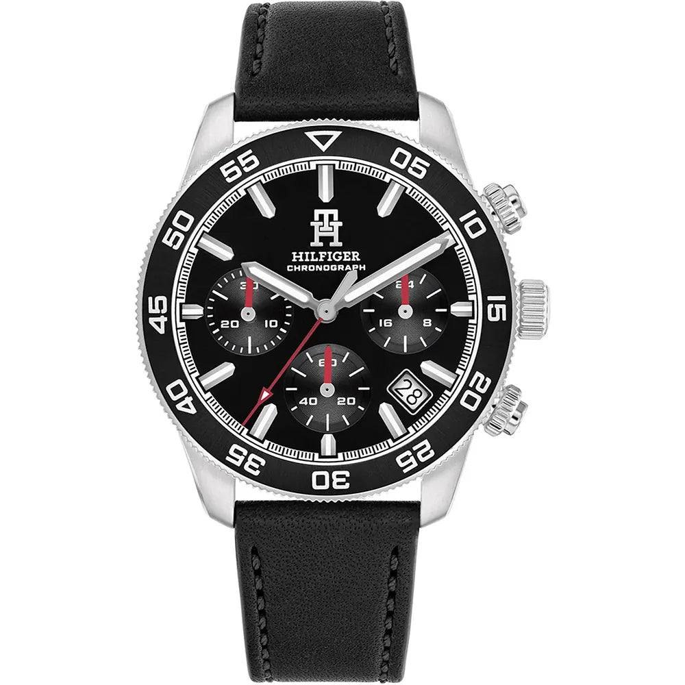 Tommy Hilfiger 1792162 Men’s Watch – Black Dial Chronograph, Black Leather Strap, Quartz, 41mm, 50M Water Resistant