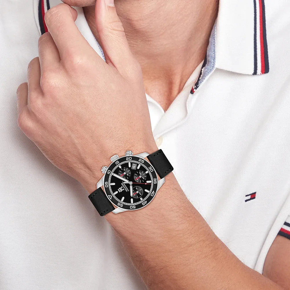 Tommy Hilfiger 1792162 Men’s Watch – Black Dial Chronograph, Black Leather Strap, Quartz, 41mm, 50M Water Resistant