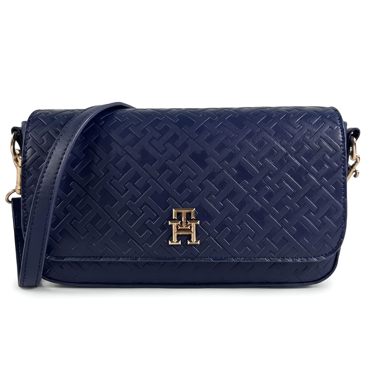 Tommy Hilfiger Women's Navy Blue Monogram Embossed Crossbody Bag with Gold Hardware
