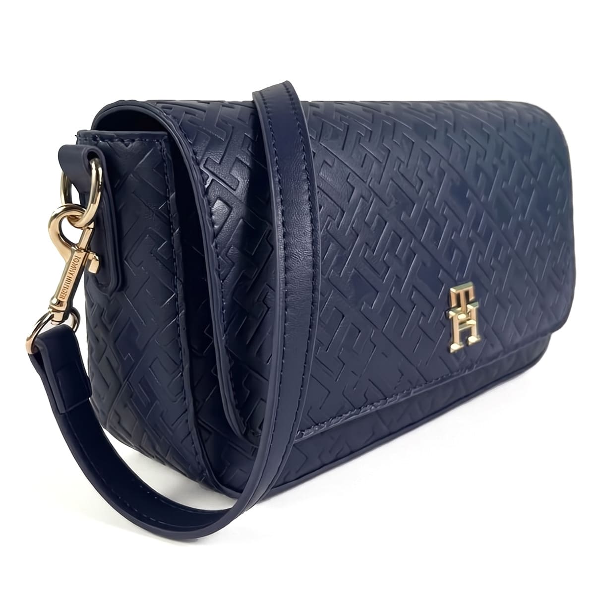 Tommy Hilfiger Women's Navy Blue Monogram Embossed Crossbody Bag with Gold Hardware