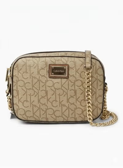 Calvin Klein Must Camera Bag – Beige Monogram Small Crossbody Bag with Gold Chain Strap#24