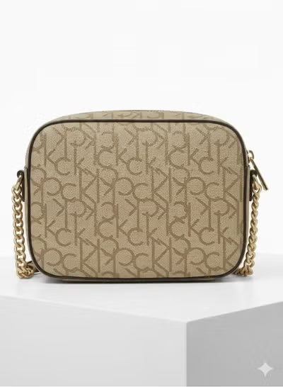 Calvin Klein Must Camera Bag – Beige Monogram Small Crossbody Bag with Gold Chain Strap#24