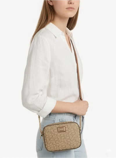 Calvin Klein Must Camera Bag – Beige Monogram Small Crossbody Bag with Gold Chain Strap#24