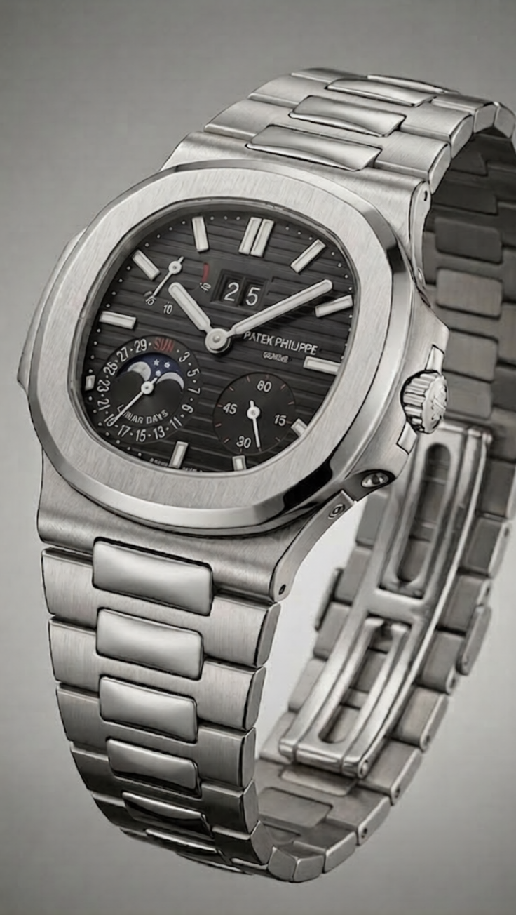 Luxury Nautilus-Style Stainless Steel Watch – Black Dial, Multi-Function Display
