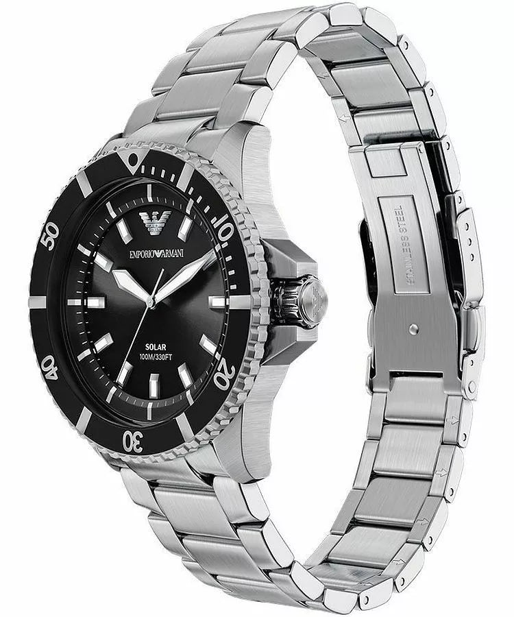 Emporio Armani World Explorer Solar Men's Watch AR11787 – 42 mm, Black Sunray Dial & Silver Stainless Steel Bracelet