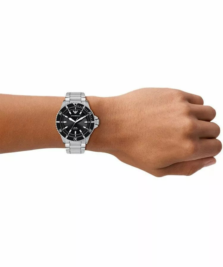 Emporio Armani World Explorer Solar Men's Watch AR11787 – 42 mm, Black Sunray Dial & Silver Stainless Steel Bracelet