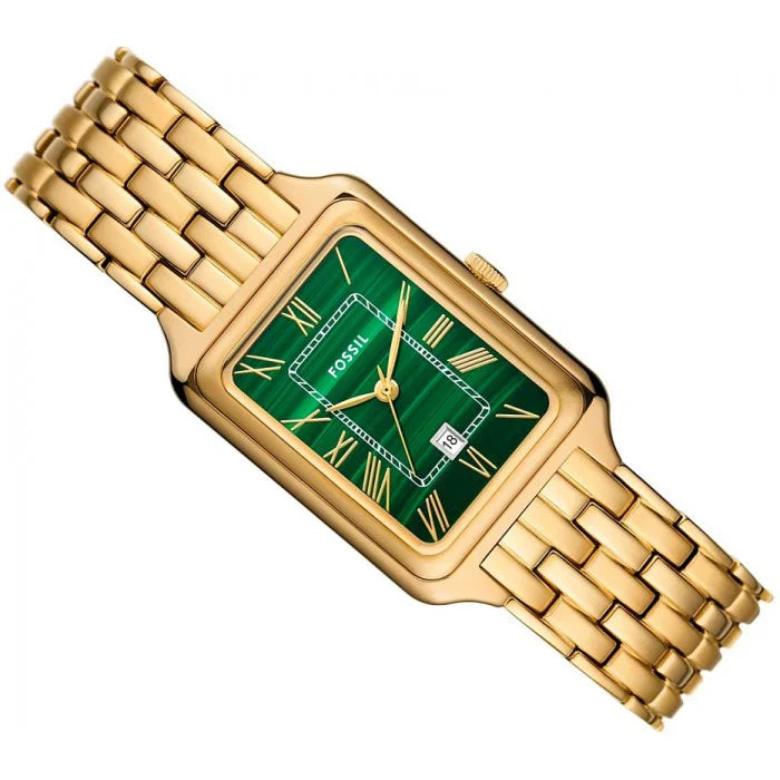 Stylish Women’s Raquel Three-Hand Date Gold-Tone Stainless Steel Watch – 26 mm, Quartz Analog, Green Dial (ES5341)