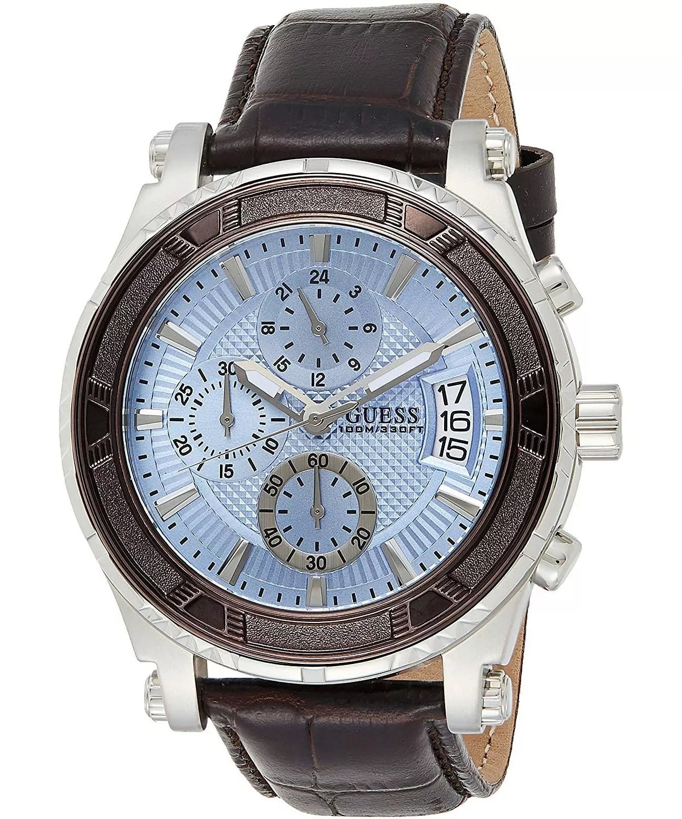 Guess W0673G1 Pinnacle Chronograph Men's Watch – Blue Sunray Dial, Brown Leather Strap, 46mm Quartz
